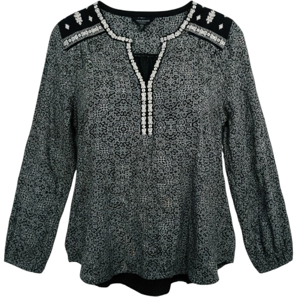 Lucky Brand 2X NWT Tunic B&W V Neck Romantic Elegant Drapey Flowy Top Relaxed